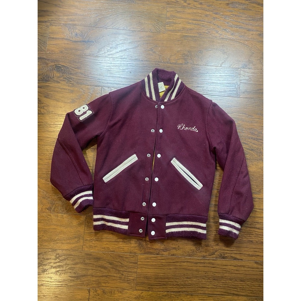 Vintage Kaye Bros Chicago Varsity Jacket Burgundy Wool Tech 81 Rhonda Small 1981